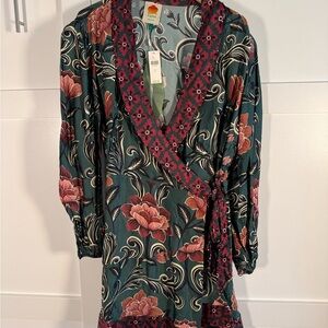 Farm Rio Floral Long Sleeve wrap Dress in Green and Red